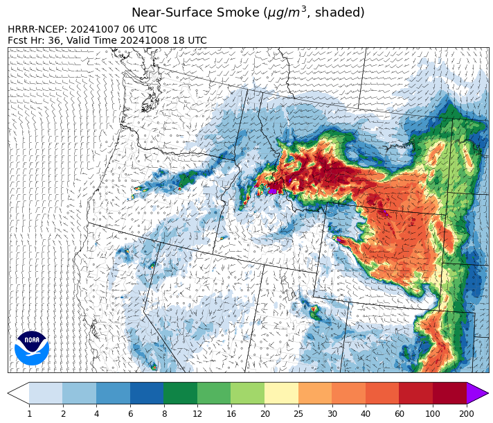 By late Tuesday, the HRRR smoke model shows high surface smoke concentrations over the state due to numerous active regional wildfires.